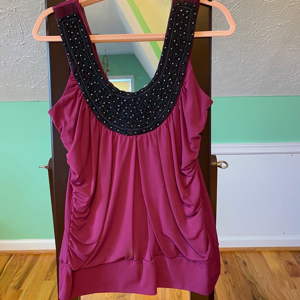 Studio Y Pink & Black Beaded Strapped Blouse Sz L